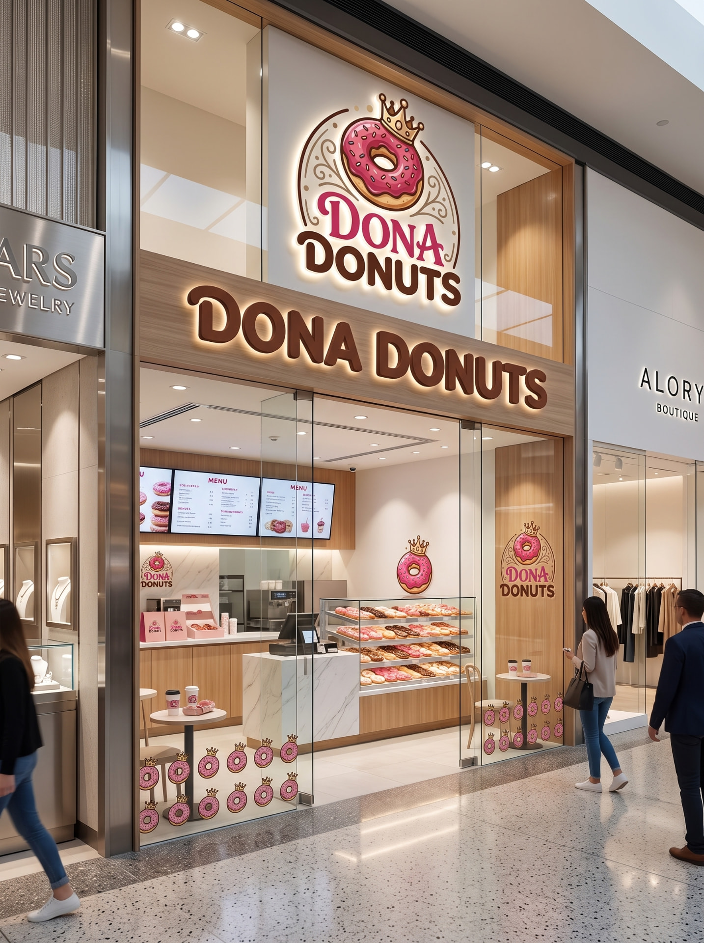 Loja Dona Donuts em shopping com fachada iluminada