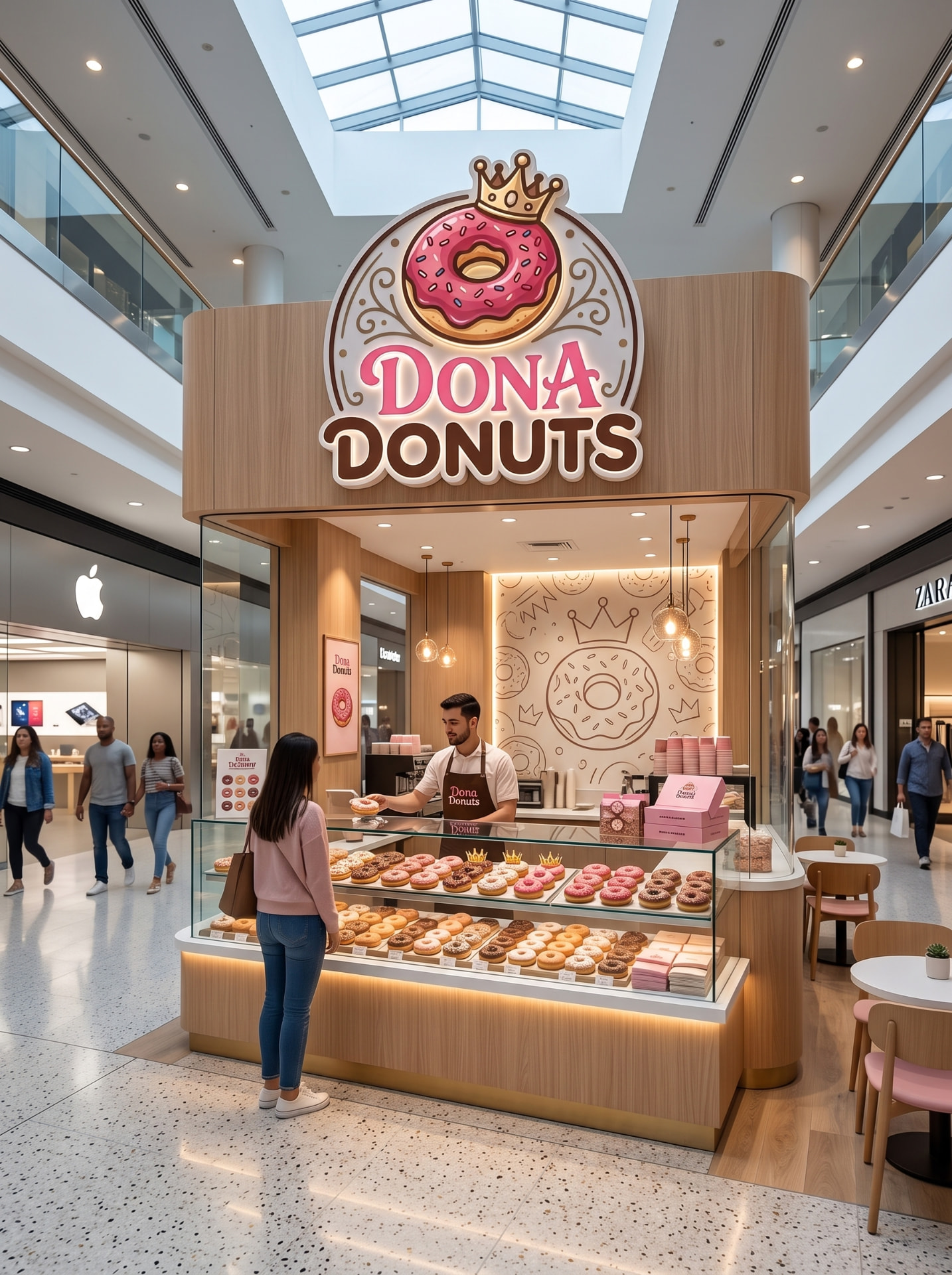 Quiosque Dona Donuts com vitrine de donuts