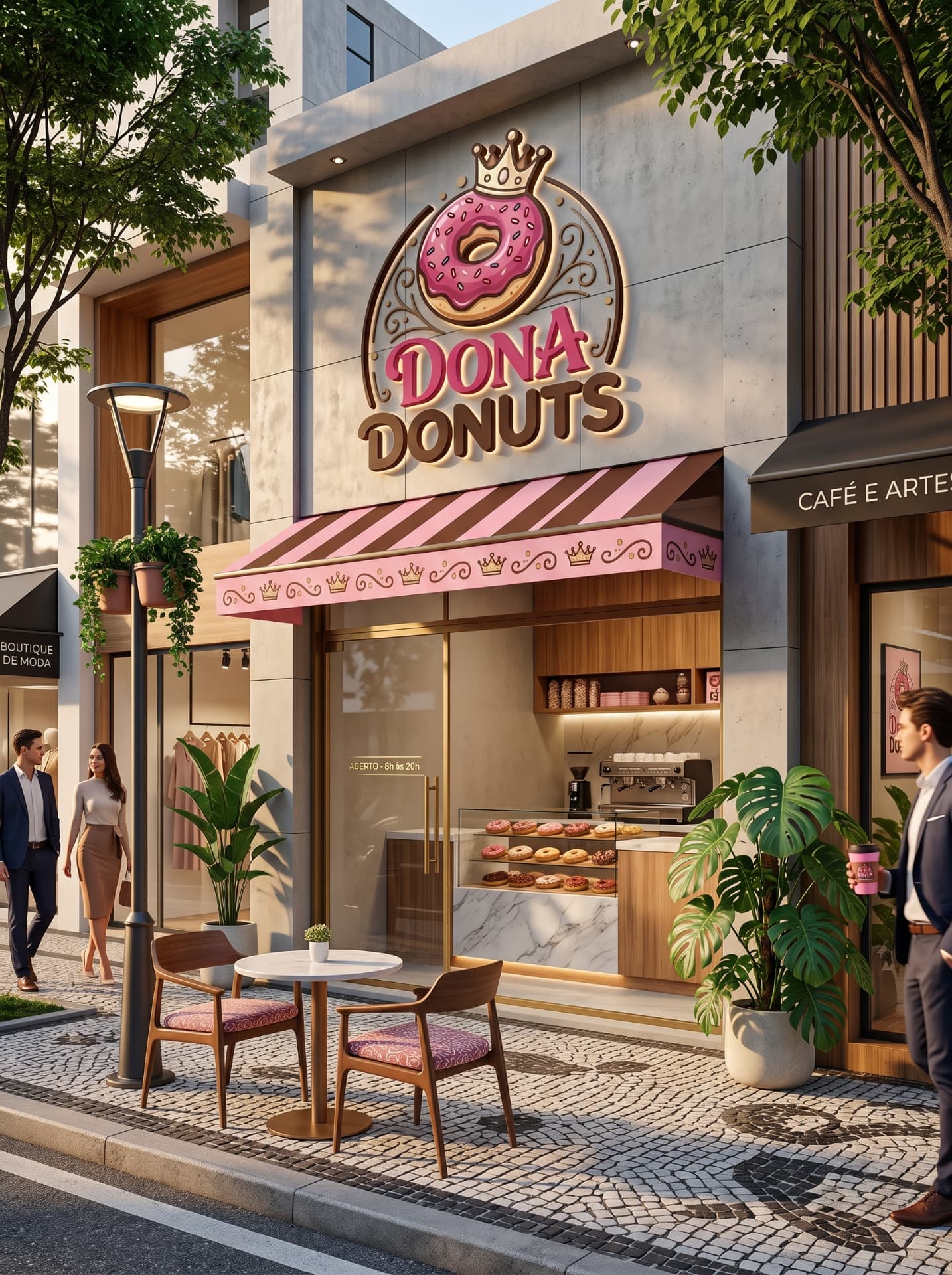 Loja de rua Dona Donuts com mesas na calçada